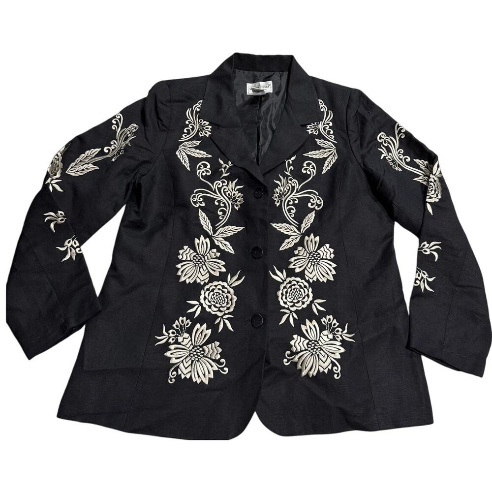 VTG Victor Costa Occasion Embroidered Blazer Jacket Linen Womens Sz Medium Black